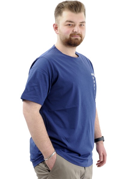 Erkek Büyük Beden T-Shirt Pamuklu Baskılı Bisiklet Yaka Tişört Number U24051 Indigo modelleri