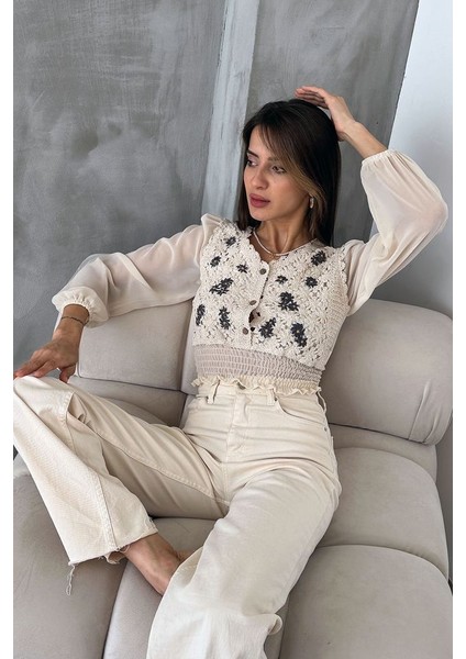 Taş Şifon Kollu Triko Bluz