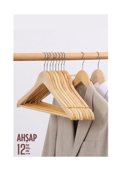 Natural Ahşap Elbise Askısı 12 Adet Montague Design