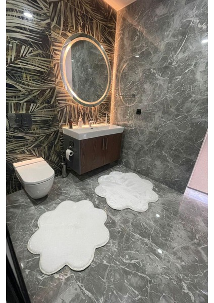 2'li Beyaz Banyo Halısı Peluş Post Halı Klozet Takımı (80X80 ve 100X100)