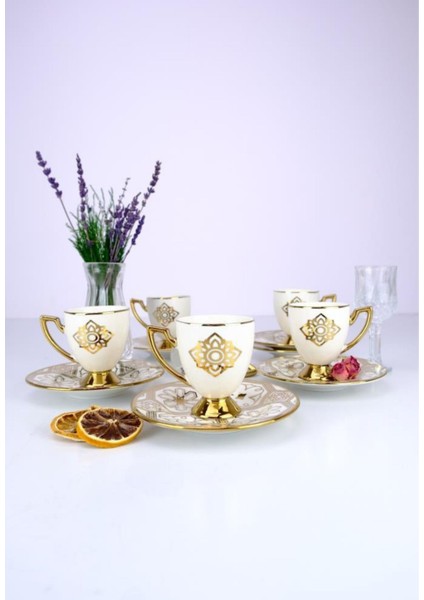 Milano 6 Kişilik 12 Parça Porselen Kahve Fincan Takımı Gold Yaldızlı Krem - VOGUE-113 C320.042