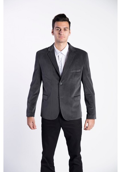 G-184 Büyük Beden Dar Kalıp Füme Erkek Blazer Ceket