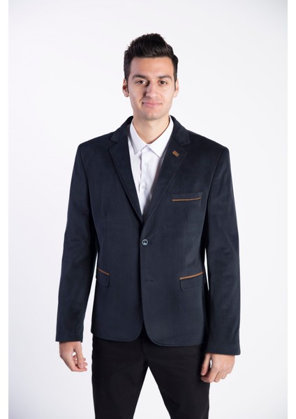 G-184 Büyük Beden Dar Kalıp Lacivert Erkek Blazer Ceket