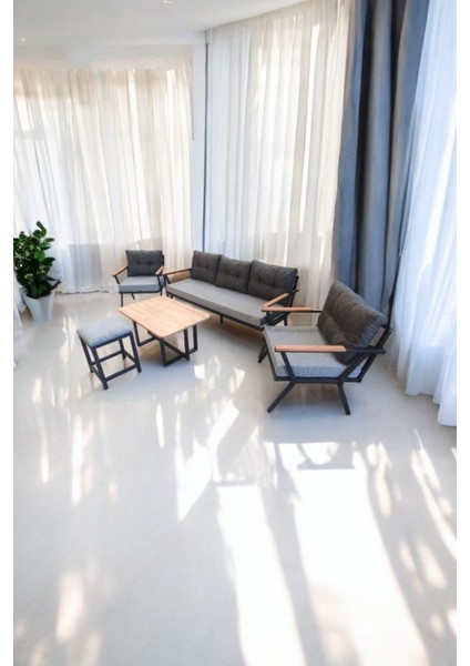 Pi Locca Bahçe ve Balkon Mobilyası Antrasit Gri 3+1+1 Sehpalı ve Gri Puflu