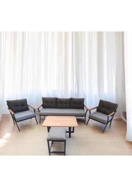 Pi Locca Bahçe ve Balkon Mobilyası Antrasit Gri 3+1+1 Sehpalı ve Gri Puflu fiyatları