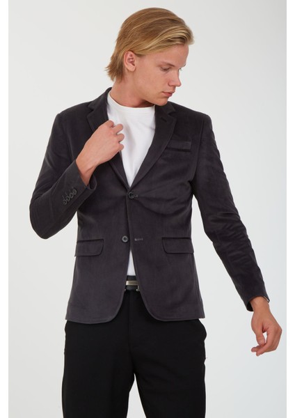 G-183 Dar Kalıp Örme Kumaş Füme Erkek Blazer Ceket
