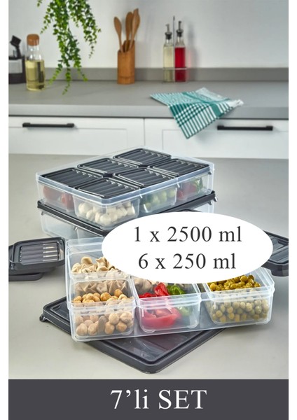 Krm Home 7'li Set Dondurucu, Bakliyat, Yemek Kabı, Piknik Kahvaltı Taze Gıda Saklama Kabı (1x2,5 LT-6X250 Ml)