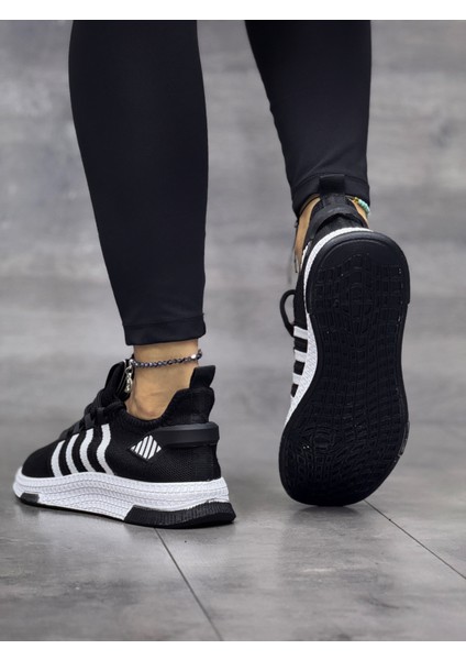 Kadın Bağcıklı Triko Spor Ayakkabı-Siyah-Beyaz