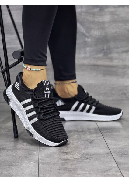 Kadın Bağcıklı Triko Spor Ayakkabı-Siyah-Beyaz modelleri