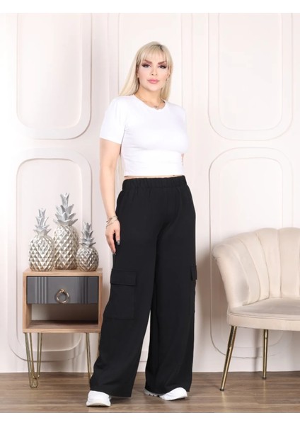 Kadın Büyük Beden Kargo Cepli Beli Lastikli Esnek Krep Pantolon