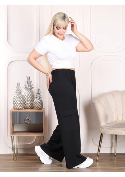 Kadın Büyük Beden Kargo Cepli Beli Lastikli Esnek Krep Pantolon modelleri