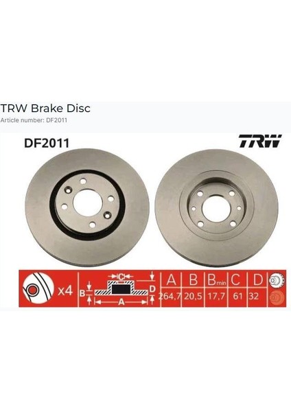 Ön Fren Aynası R21 2.0-2.0 Ie-2.2 Ie (86-94)-Cncrd 2.0ie 2.1 D Turbo 90=(264.7X20.5X4DLXHAVALI)
