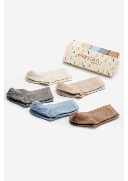Doğal Bambu 5 Çift Bebek Çorap Dikişsiz - 6 ay sonrası kaydırmaz tabanlı