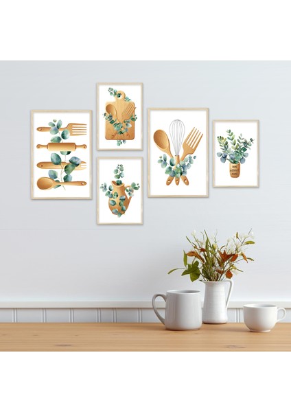 Home Sweet Home - Neşeli Mutfak - Lamine Çerçeveli 5'li Tablo Seti