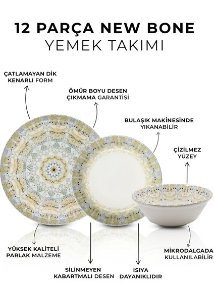 Kitchen Life 12 Parça 4 Kişilik Mozaik Bahçesi Porselen Yemek Takımı  - New Bone  Yemek Seti