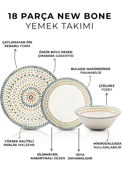 Kitchen Life 18 Parça 6 Kişilik Zen Mandalası Porselen Yemek Takımı  - New Bone  Yemek Seti