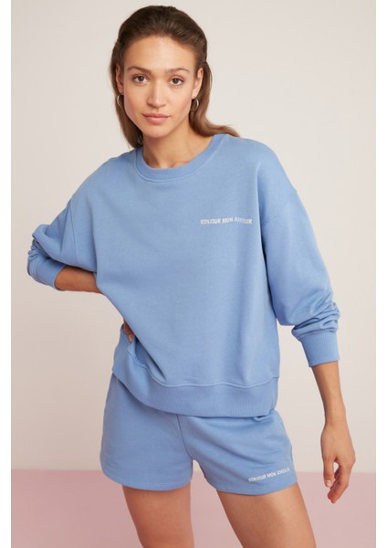 Sandra Kadın Içi Polarlı Yumuşacık Göğsü Baskılı Yuvarlak Yaka Comfort Fit Mavi Sweatshirt