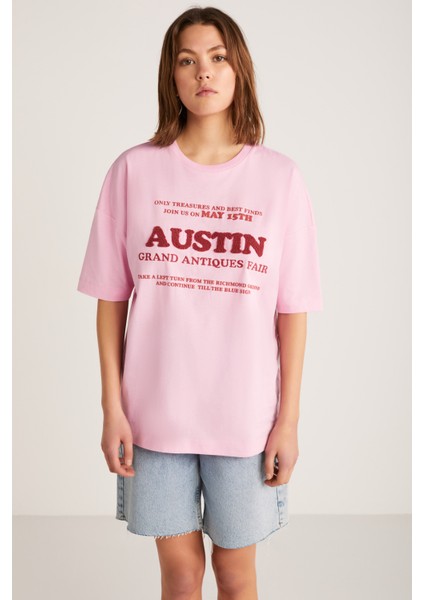 Plensa Kadın %100 Organik Pamuklu Nakış Işlemeli Ve Kabartmalı Baskılı Oversize Pembe T-shirt