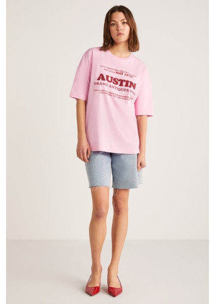 Plensa Kadın %100 Organik Pamuklu Nakış Işlemeli Ve Kabartmalı Baskılı Oversize Pembe T-shirt