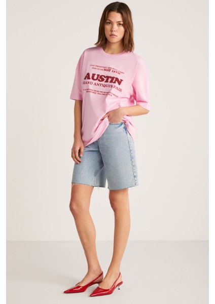 Plensa Kadın %100 Organik Pamuklu Nakış Işlemeli Ve Kabartmalı Baskılı Oversize Pembe T-shirt