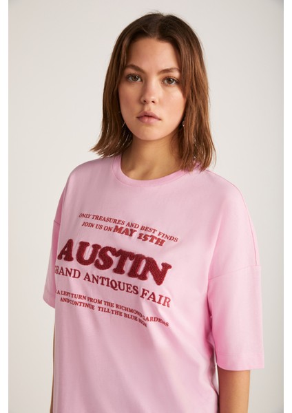 Plensa Kadın %100 Organik Pamuklu Nakış Işlemeli Ve Kabartmalı Baskılı Oversize Pembe T-shirt