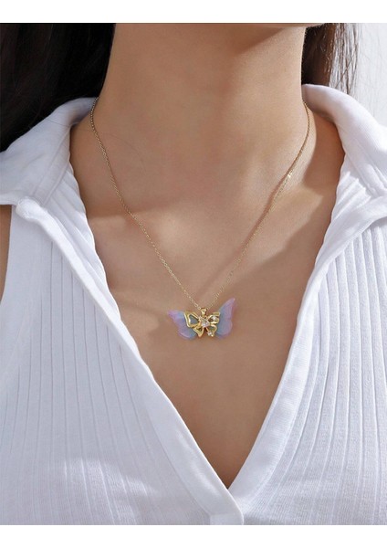 Altın Kaplama Tüllü Kelebek Butterfly Çelik Kolye 316L Steell