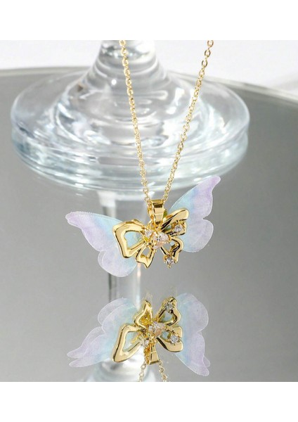Altın Kaplama Tüllü Kelebek Butterfly Çelik Kolye 316L Steell