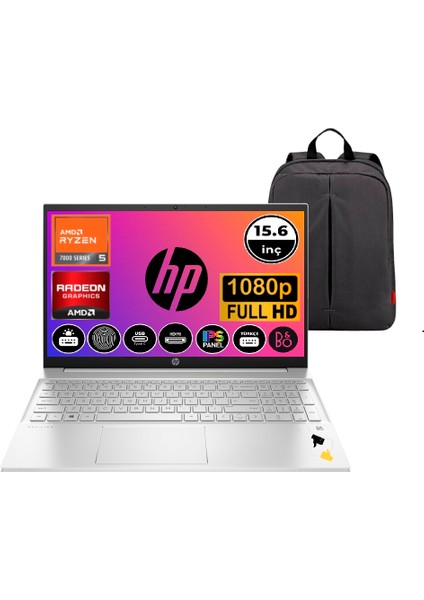 Hp Laptop 15-EH3011NT Amd Ryzen 5 7530U 8 GB 512GB SSD 15.6" Fhd Işıklı Klavye B&o Freedos Taşınabilir Bilgisayar  7P6A9EA + Snertech Çanta