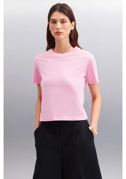 Melany Kadın %100 Organik Pamuklu Bisiklet Yaka Basic Pembe T-shirt