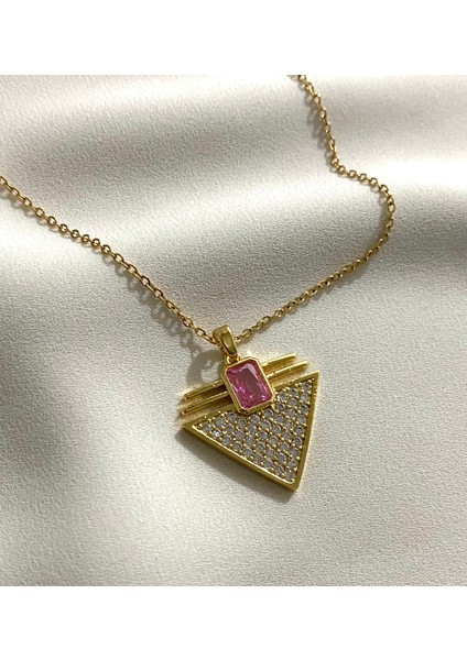 Çelik Pembe Taşlı Üçgen Serenay Kolye