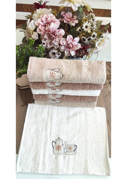 6'lı Set Çeyizlik 30X50 Cm. Mutfak Havlu Seti Çaydanlık Fincan Nakışlı