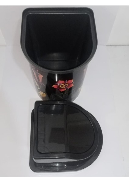 24X13 cm Ebatınta 3lt Klick Kapaklı Siyah Çiçek Desenli Lüks Şık Çöp Kovası fiyatları