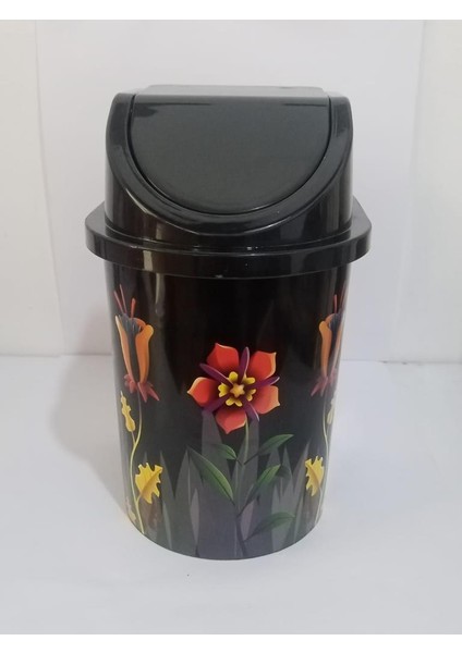 24X13 cm Ebatınta 3lt Klick Kapaklı Siyah Çiçek Desenli Lüks Şık Çöp Kovası fırsatları
