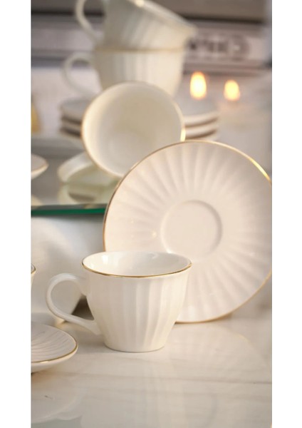 12 Parça 6 Kişilik Sadegül Çizgili ve Altın Yaldızlı Kahve Fincan Takımı - Kahve Fincanı Seti fiyatları