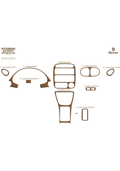 Marscockpitdesign Hyundai Accent Alüminyum Kaplama 1994-2000 9 Parça