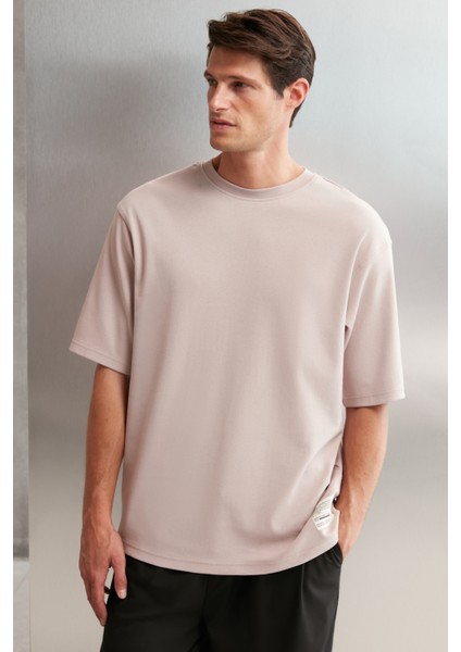 Joel Erkek %100 Organik Pamuklu Kalın Kumaşlı Özel Dokulu Etiket Detaylı Oversize Pembe T-shirt