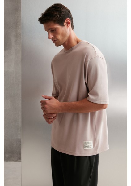 Joel Erkek %100 Organik Pamuklu Kalın Kumaşlı Özel Dokulu Etiket Detaylı Oversize Pembe T-shirt