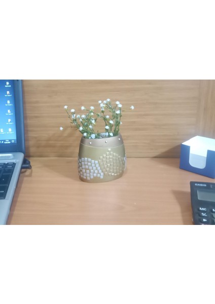 VazoDahil,Vazoda Çiçek,Beyaz Yapay Çiçek,Vazo Dekoratif Altın Mozaik Poliresin 10x15x5cm modelleri