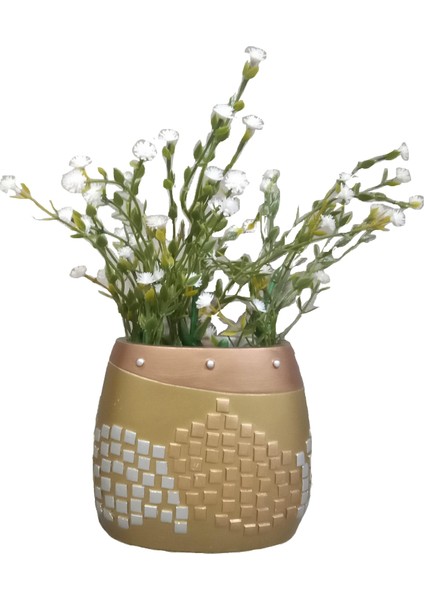 VazoDahil,Vazoda Çiçek,Beyaz Yapay Çiçek,Vazo Dekoratif Altın Mozaik Poliresin 10x15x5cm fırsatları