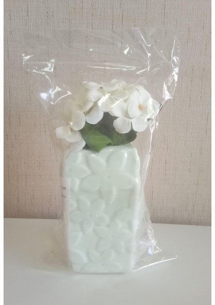 Vazo Dahil,Vazoda Çiçek,Beyaz Yapay Çiçek,Vazo Dekoratif Çiçekli Su Yeşili 7x7x17cm