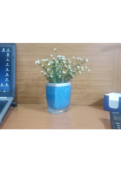 Vazo Dahil,Vazoda Çiçek,Beyaz Yapay Çiçek,Vazo Dekoratif Gri Mavi Poliresin 8x4x16cm modelleri