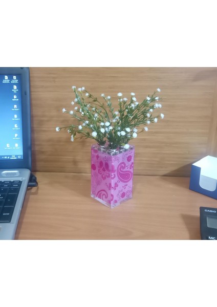 Vazo Dahil,Vazoda Çiçek,Beyaz Yapay Çiçek,Vazo Dekoratif Pembe 7x7x17cm