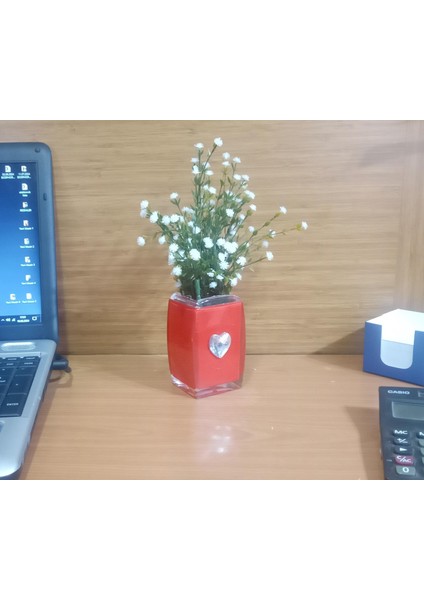 Vazo Dahil,Vazoda Çiçek,Beyaz Yapay Çiçek,Vazo Dekoratif Kristal Taşlı Kırmızı Kalpli 6x6x16cm modelleri