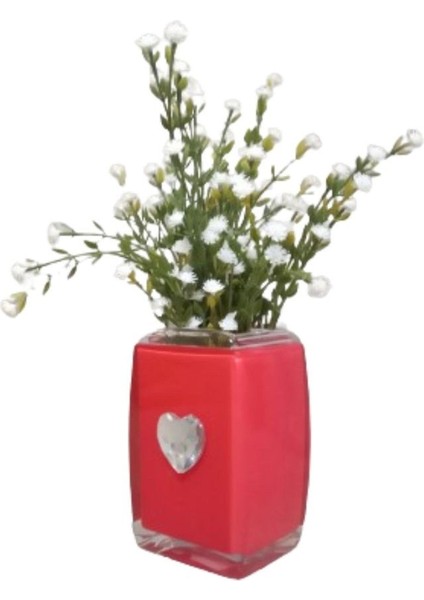 Vazo Dahil,Vazoda Çiçek,Beyaz Yapay Çiçek,Vazo Dekoratif Kristal Taşlı Kırmızı Kalpli 6x6x16cm fırsatları