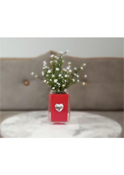 Vazo Dahil,Vazoda Çiçek,Beyaz Yapay Çiçek,Vazo Dekoratif Kristal Taşlı Kırmızı Kalpli 6x6x16cm