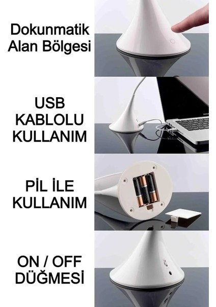 Akrobatik Dokunmatik LED Masa Lambası Pilli-Usb Kablolu  Ayarlanabilir 3 Işık Seviyeli Masa Lambası