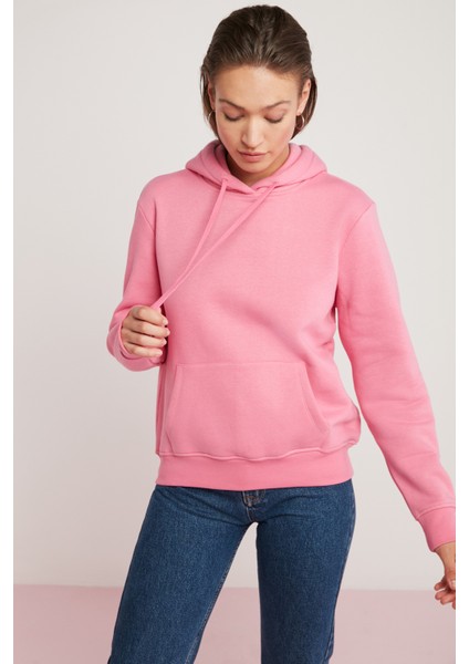 Diane Kadın İçi Polarlı Yumuşacık Comfort Fit Kapüşonlu Pembe Sweatshirt