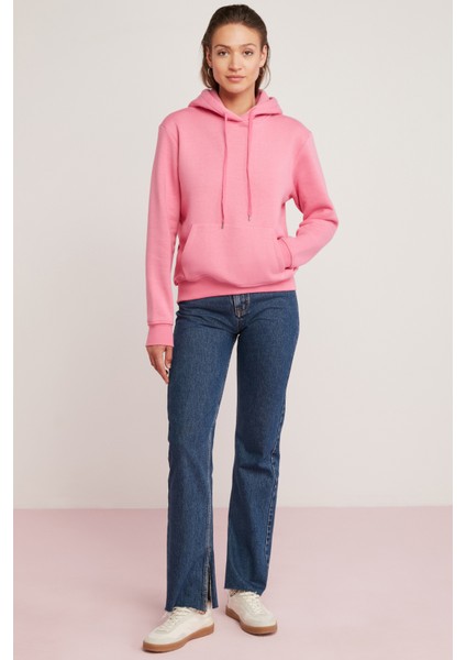 Diane Kadın İçi Polarlı Yumuşacık Comfort Fit Kapüşonlu Pembe Sweatshirt