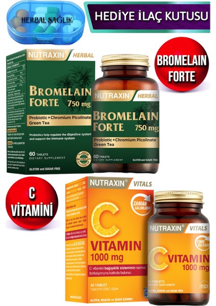 Bromelain Forte 60 Adet Tablet 750 Mg + Nutraxin C Vitamini 1000 Mg 30 Adet Tablet