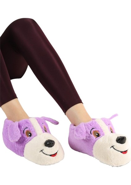 Unisex Sevimli Köpek Figürlü Kaymaz ve Ses Yapmaz Taban Ev Panduf Lila fırsatları